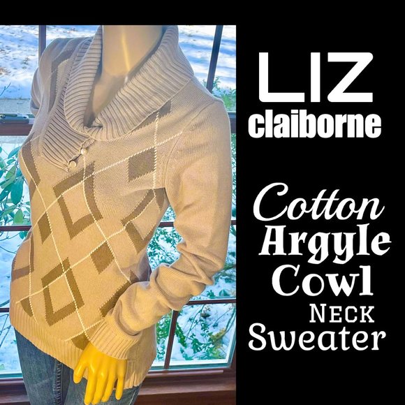 Liz Claiborne Sweaters - ▪️LIZ CLAIBORNE▪️Tan & White Cotton Argyle Cowl Neck Sweater